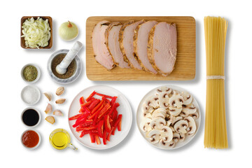 Top view of ingredients for spaghetti with pork and mushrooms