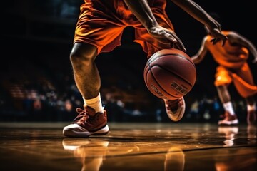 Close-up of professional basketball player kicking basketball during intense game action - obrazy, fototapety, plakaty