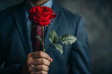 An elegant man in a suit presents a single blooming red rose, symbolizing romance and love, with a focus on the vibrant red petals