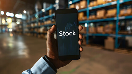 Fototapeta premium Smartphone with word “Stock” businessman hold behind, investing in the stock market to earn returns and wealth
