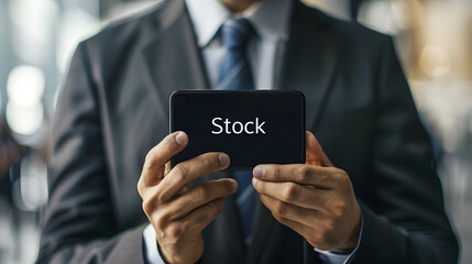 Smartphone with word “Stock” businessman hold behind, investing in the stock market to earn returns and wealth