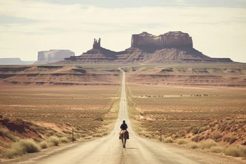 Foto auf Acrylglas A cowboy riding a horse with landscape of American’s Wild West with desert sandstones. © rabbit75_fot