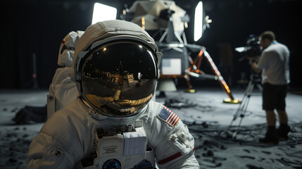 retcon photo of men filming fake hoax astronauts and moon landing in a studio