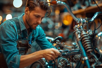 A focused mechanic fine-tuning a classic motorcycle in a well-equipped garage, depicting skilled manual labor - obrazy, fototapety, plakaty