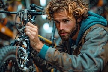 A young man focused on fixing a bike in a workshop full of bicycles