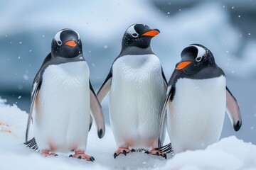 Fototapeta premium A wildlife shot of three Gentoo penguins on a snowy landscape, capturing their natural habitat and group behavior