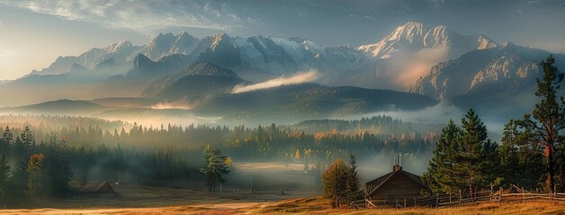 the Tatras veiled in haze, framed by dense forest and rural fields under the shimmering glow of a full moonlit night - obrazy, fototapety, plakaty
