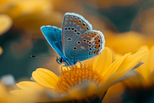 a blue butterfly perches delicately on a vibrant yellow flower, captured in the distinct style of the school of photography. this mesmerizing image showcases the technique of focus stacking