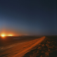 Un paysage de dunes de sable avec un coucher de soleil à l'horizon