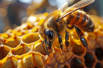 Naklejka premium Macro photography of a honey bee collecting nectar on a golden honeycomb with natural sunlight highlighting its details