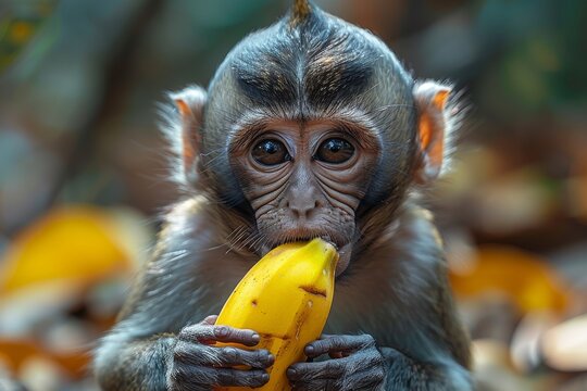 A close-up image of a monkey's hands gently grasping a banana, showcasing the animal's human-like behavior and interaction with food