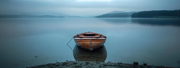 a small wooden boat pulled up onto the shore of a lake, surrounded by the fading light of dusk.
