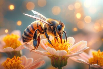 A captivating snapshot of a honeybee with its wings spread wide, hovering over an array of delicate orange flowers against a magical light backdrop