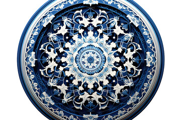Fototapeta premium Intricate blue and white mandala pattern, circular design for banner or poster, overlay effect, Isolated on transparent background, png