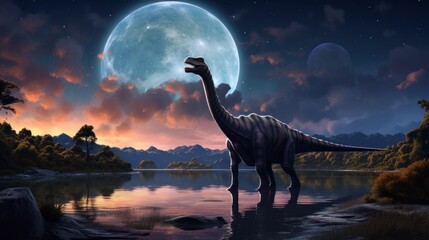 Dinosaur stands in prehistoric environment with giant planet in sky. Fantasy. Photorealistic. - obrazy, fototapety, plakaty