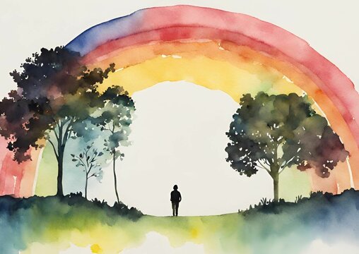 Watercolor painting of a person standing under a rainbow with trees on both sides