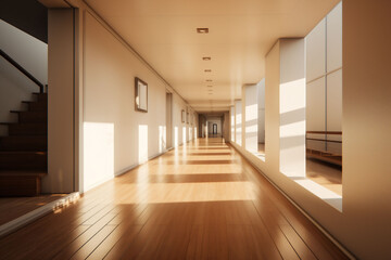 Golden light cascades through a long, elegant hallway, highlighting the wooden floors and creating a symphony of shadows, embodying a warm, minimalist aesthetic.