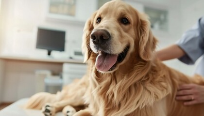 Golden Retriever Dog with Veterinarian Clinic - obrazy, fototapety, plakaty