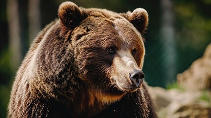 close up view of Grizzly Bear with blurred forest background