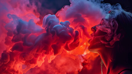 A woman with red smoke coming out of her mouth, against a black background. - obrazy, fototapety, plakaty