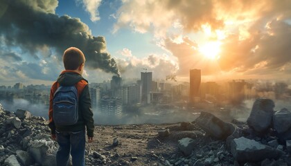 Boy Facing Cityscape Ruins Under Sky - obrazy, fototapety, plakaty