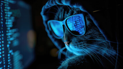 Cat as hooded hacker with reflection of computer code in glasses. Concept of spy, ransomware, technology, hack, funny animal, cyber security, scam, crime