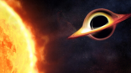 Black hole with big Sun in deep space. Realistic science fiction art. Elements of this image...