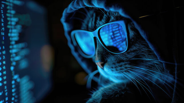 Cat as hooded hacker with reflection of computer code in glasses. Concept of spy, ransomware, technology, hack, funny animal, cyber security, scam, crime