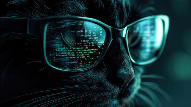 Cat as hooded hacker with reflection of computer code in glasses. Concept of spy, ransomware, technology, hack, cyber security, scam, crime and virus