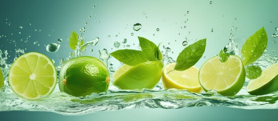 Limes and lime leaves are dropping into the water accompanied by bubbles, creating a refreshing and vibrant scene