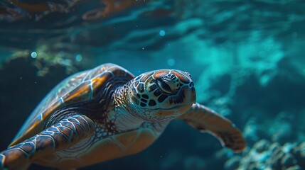 Fototapeta premium close-up portrait of a turtle swimming in a coral . natural background