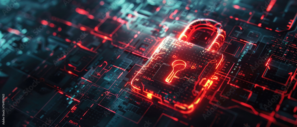 Wall mural digital red hot padlock in cyber space, abstract data dark background, secure computer information. 