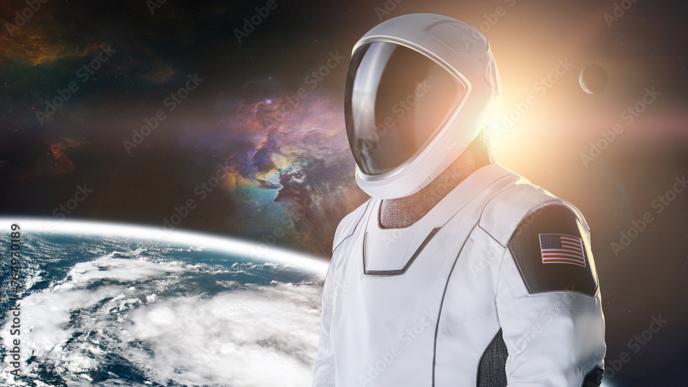 Wall mural spaceman in outer space on earth planet background. exploration theme. elements of this image furnis