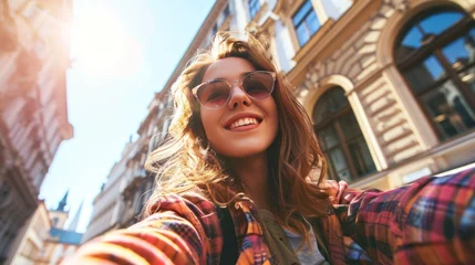 Keuken spatwand met foto Young traveler taking selfie in street with historic buildings in the city of Prague, Czech Republic in Europe. © rabbit75_fot
