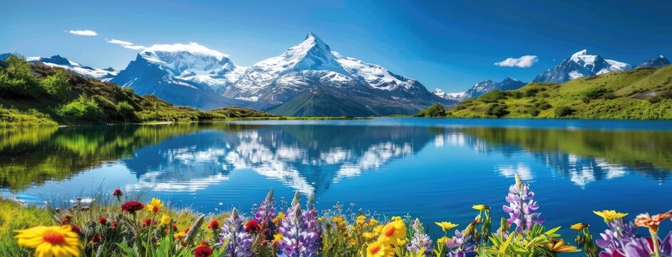 a snow-capped mountain illuminated by the midday sun, with a serene blue lake reflecting its image amidst a foreground of vibrant flowers.
