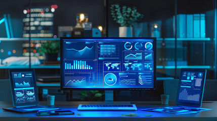 business data statistics analysis display on laptop, data management system software technology, digital data info graphics 