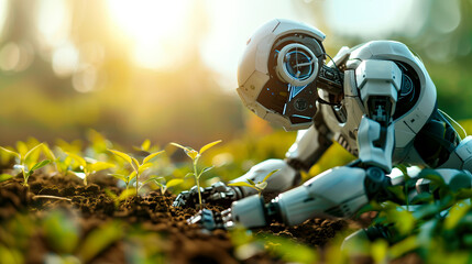 The robot revives the earth by planting fresh flowers. A mechanical robot plants flowers in a fertile land. The farmer is a robot. The world of the future. Artificial intelligence. Robotics