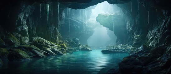 An underground hollow space is filled with water and scattered rocks in the center - obrazy, fototapety, plakaty
