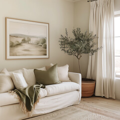 A living room with white sofa, green pillows and beige curtains, an olive tree in the corner of the wall, minimalism style, warm light from window, neutral tones, beige walls, amodern interior design.