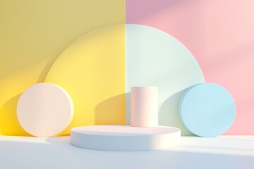 Soft pastel tones adorn the realistic 3D cylinders forming an abstract geometric podium set.