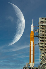 Orion spacecraft on launch pad and big Moon on background. Artemis space program to research solar...