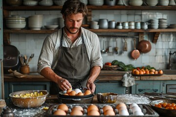 Concentrated male chef cracking eggs into a pan in a domestic kitchen full of cookware