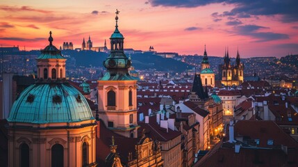 Aerial view of beautiful historical buildings of Prague city in Czech Republic in Europe. - obrazy, fototapety, plakaty