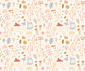 Seamless pattern with forest, animals, and plants - 764930957