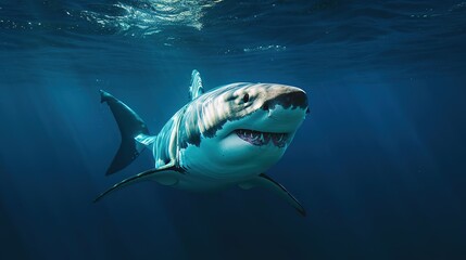 Naklejka premium close-up portrait of a Great White Shark swimming looking for prey. natural background