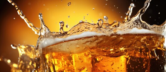 Capture a detailed view of a glass containing beer with a sudden splash of water, creating an interesting visual contrast