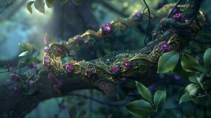 Design an opulent collection of enchanted bracelets adorning the branches of a majestic tree in an enchanted forest, with delicate vines intertwining around each piece of jewelry.

 - obrazy, fototapety, plakaty