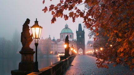 Autumn foliage with beautiful historical buildings of Prague city in Czech Republic in Europe.