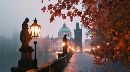 Papier Peint photo Pont Charles Autumn foliage with beautiful historical buildings of Prague city in Czech Republic in Europe.