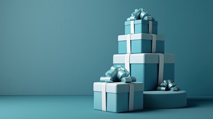 a stack of blue, white, or grey gift boxes against a crisp white background, from a horizontal angle with a head-up view, highlighting intricate details and ample empty space for text.